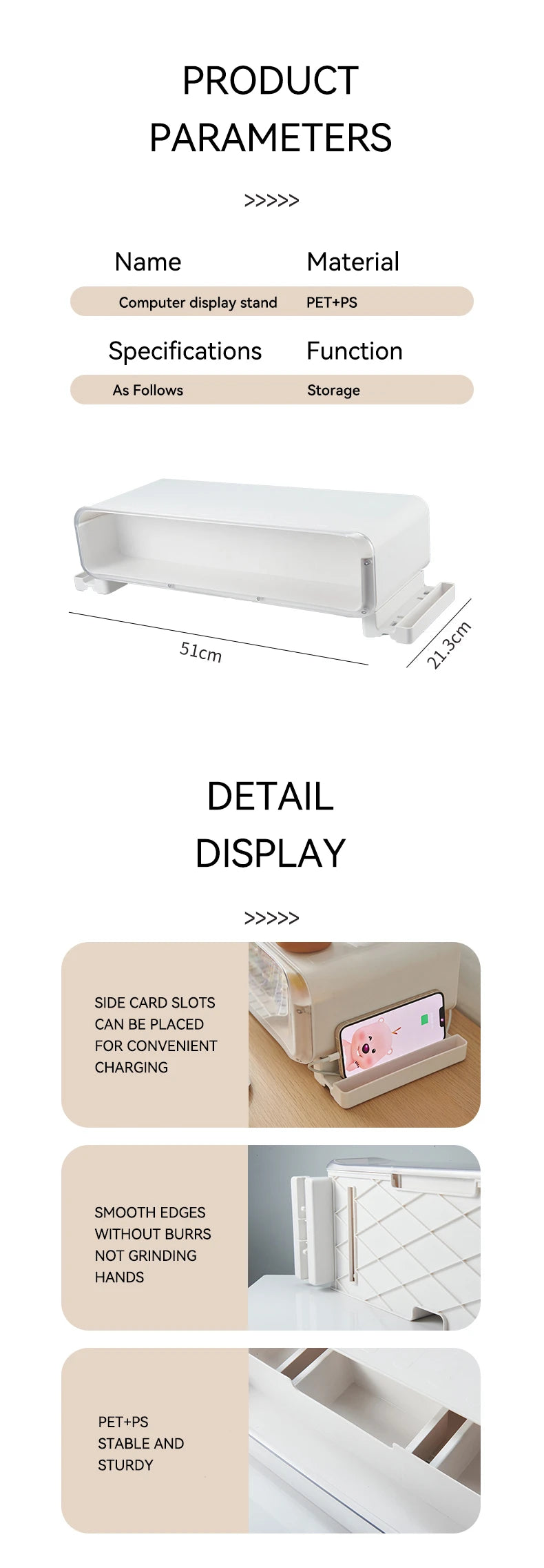 Sturdy PET+PS monitor riser with smooth edges, side card slots, and extra storage for desk organizers