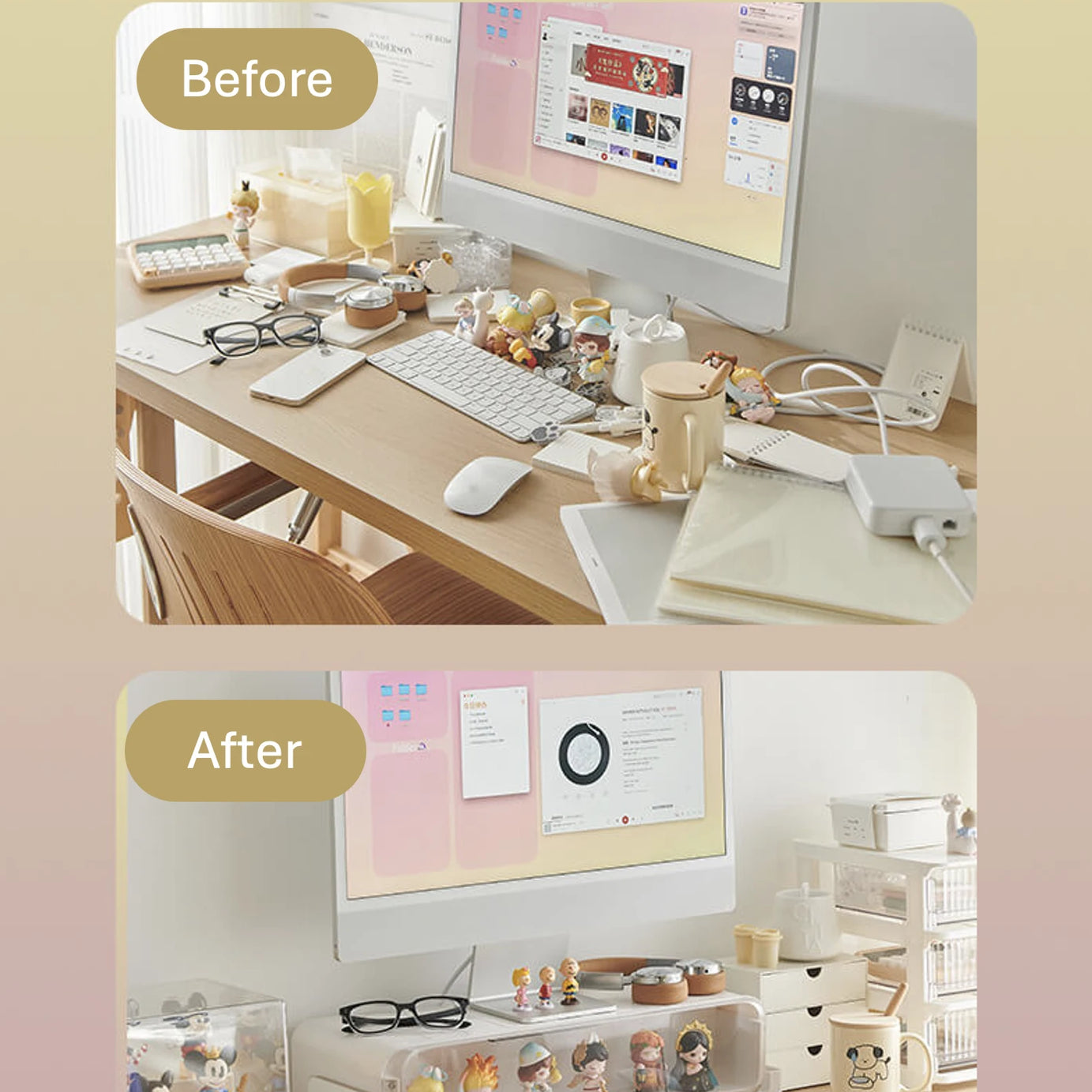 FigPalace monitor riser transforms a cluttered desk into a clean, organized workspace.