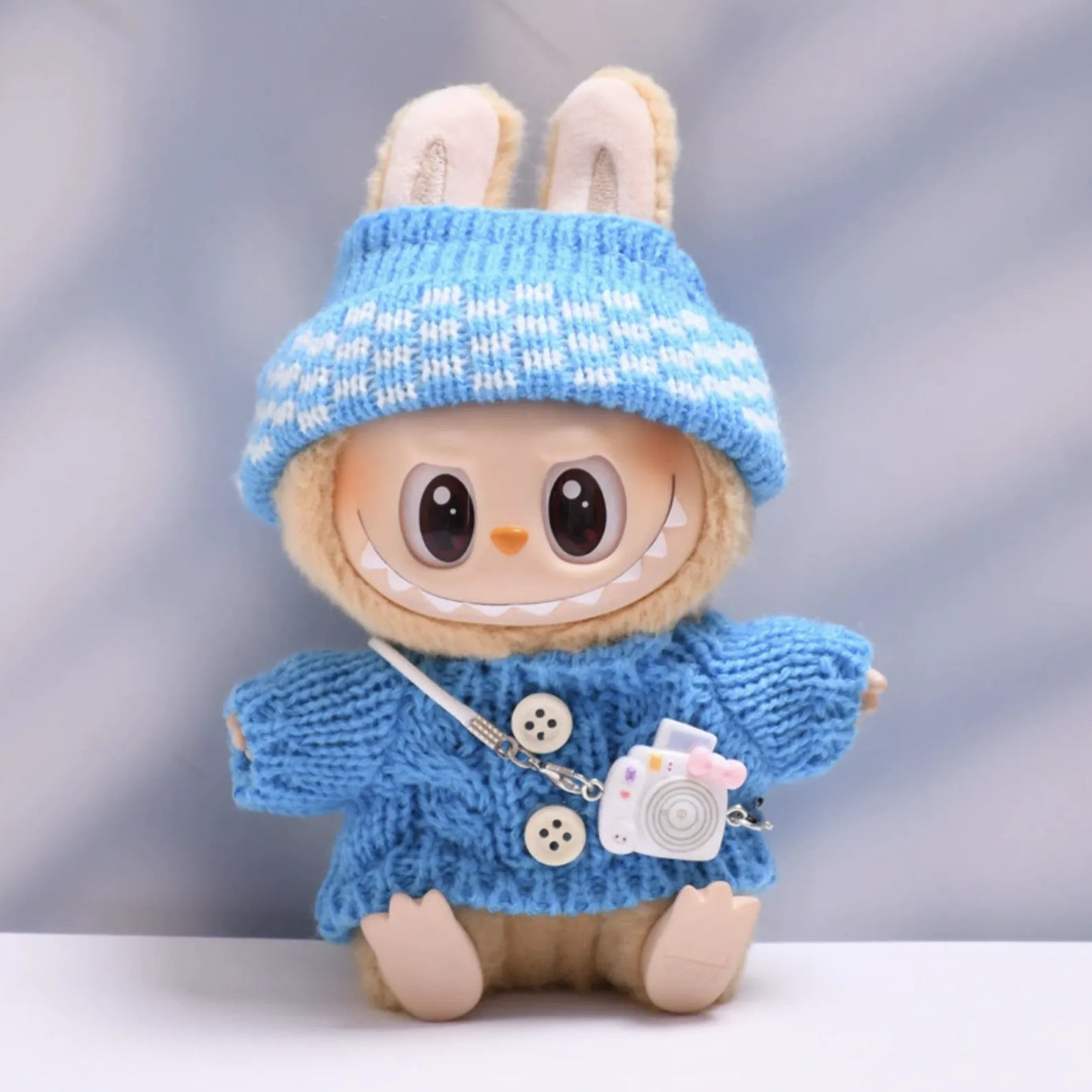 Blue button sweater with blue dotted wool hat and white camera for Labubu v2 (POP MART THE MONSTERS Have a Seat Series Vinyl Plush Toys)