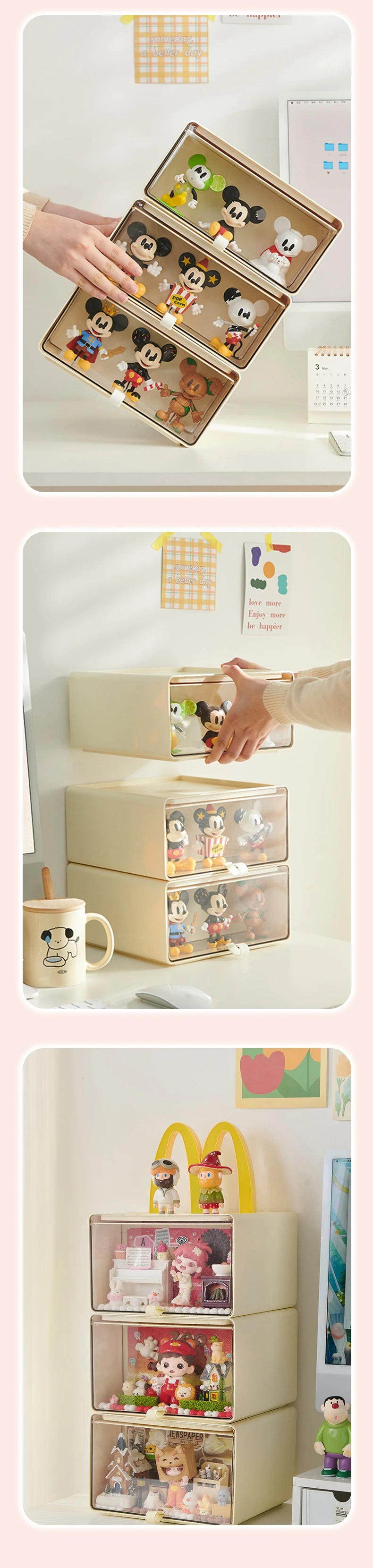 Zoomed-in view of drawer display box holding themed blind box toys in a creative diorama setup