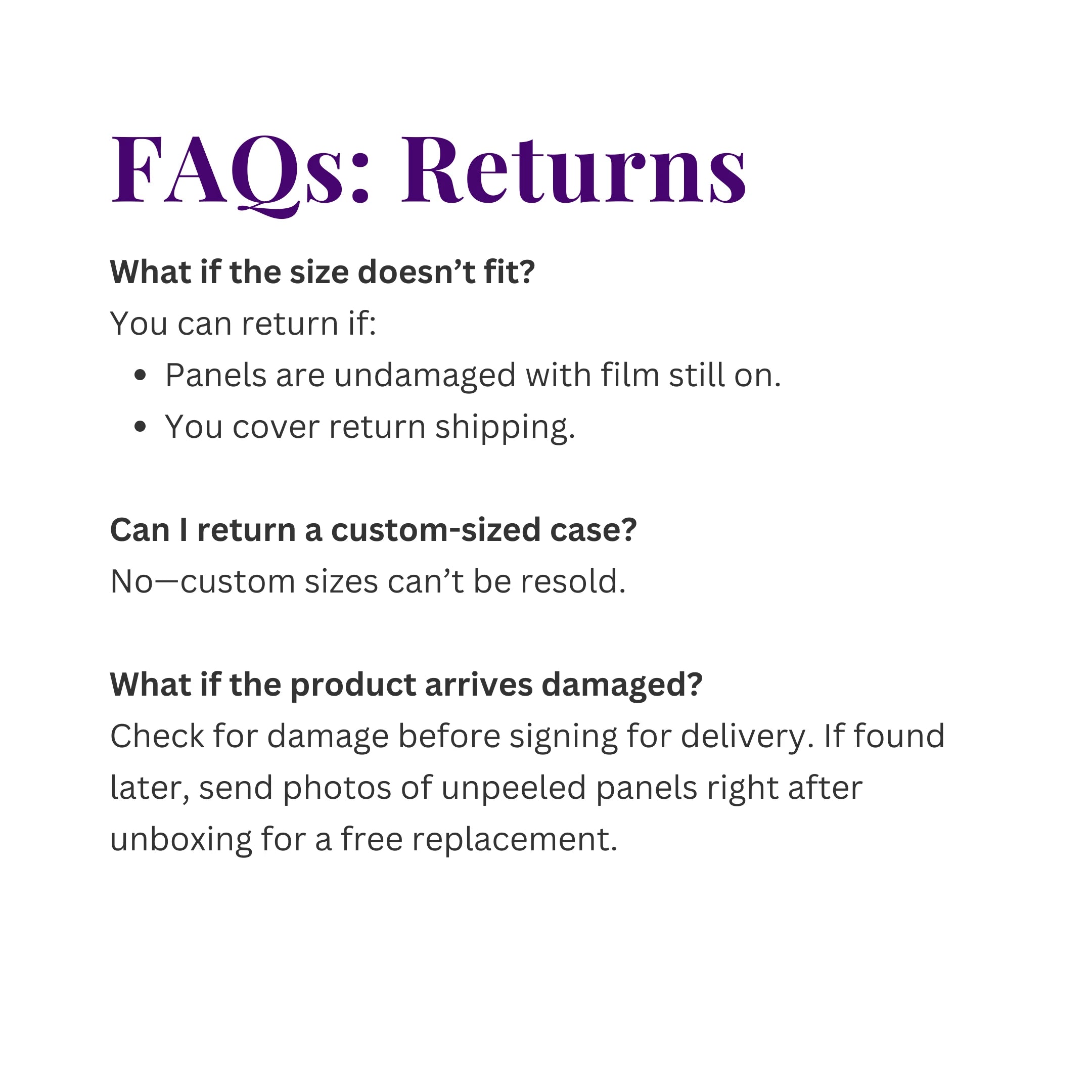 Return policy details for the Zimomo acrylic display case, including size and damage guidelines.