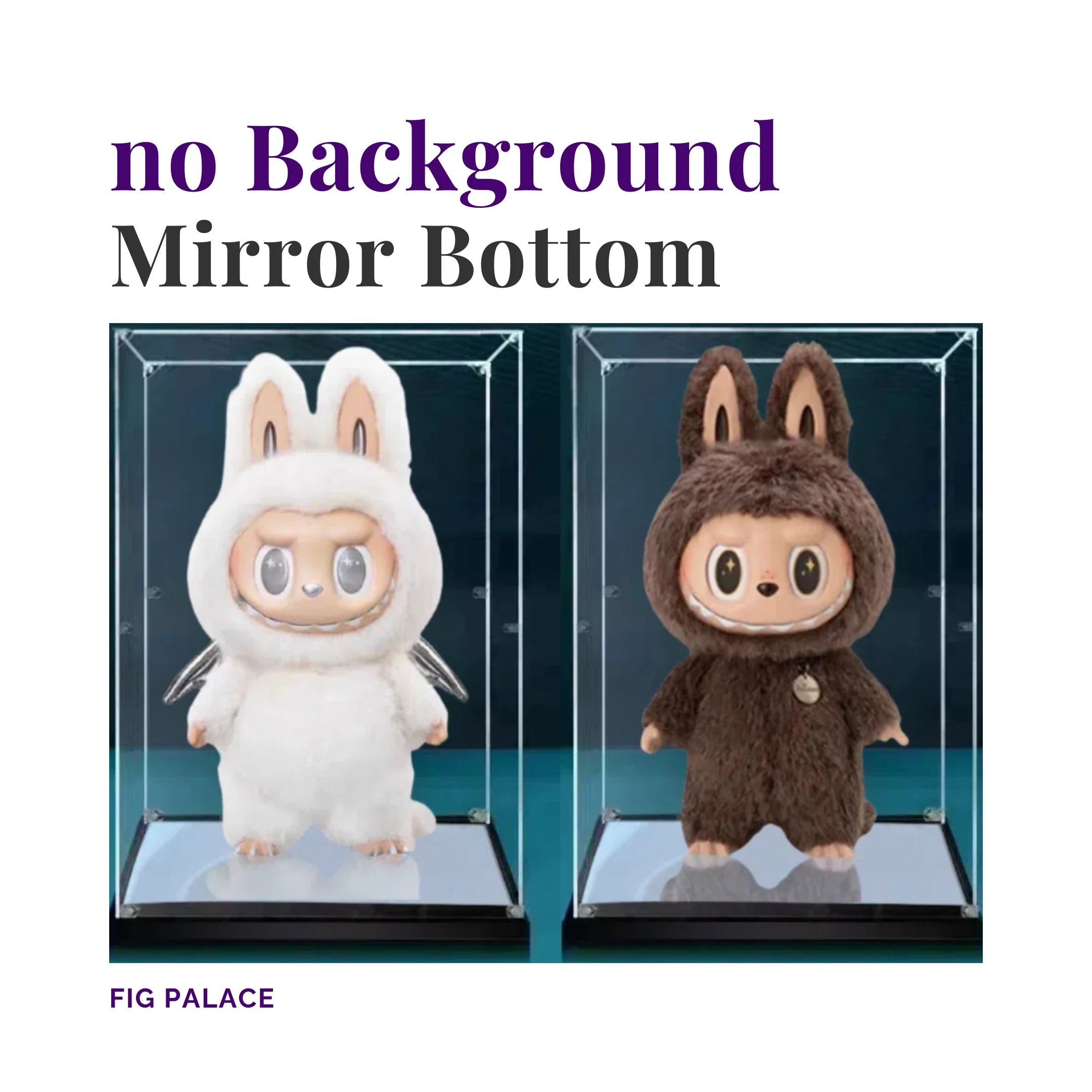 Zimomo display case with mirrored bottom and no background panel.
