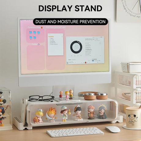 Dust and moisture-resistant computer display stand with solid foundation, ideal for protecting PopMart figures and office supplies