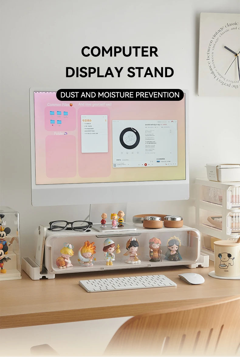 Dust and moisture-resistant computer display stand with solid foundation, ideal for protecting PopMart figures and office supplies