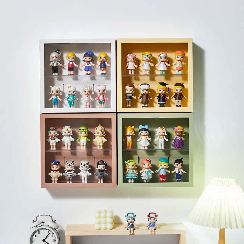 Four wall-mounted display shelves are on the wall with many pop mart figures.