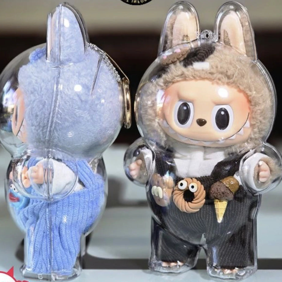 "Front and side view of the clear protective case for Labubu v1 (Pop Mart Exciting Macaroon Vinyl Plush Blind Box). High-quality PC material by FigPalace."