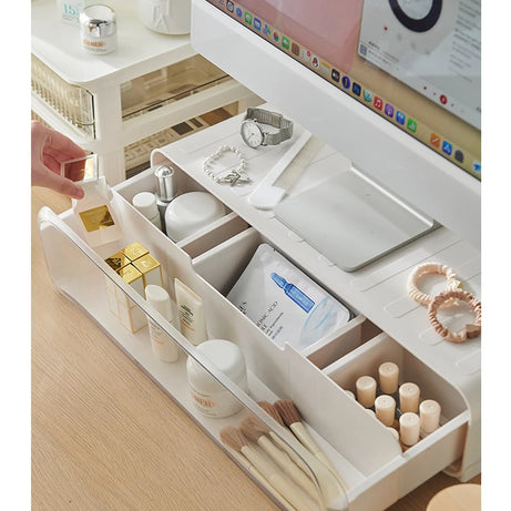 Modern monitor stand with built-in storage, LED lighting, and sleek design for desk organization