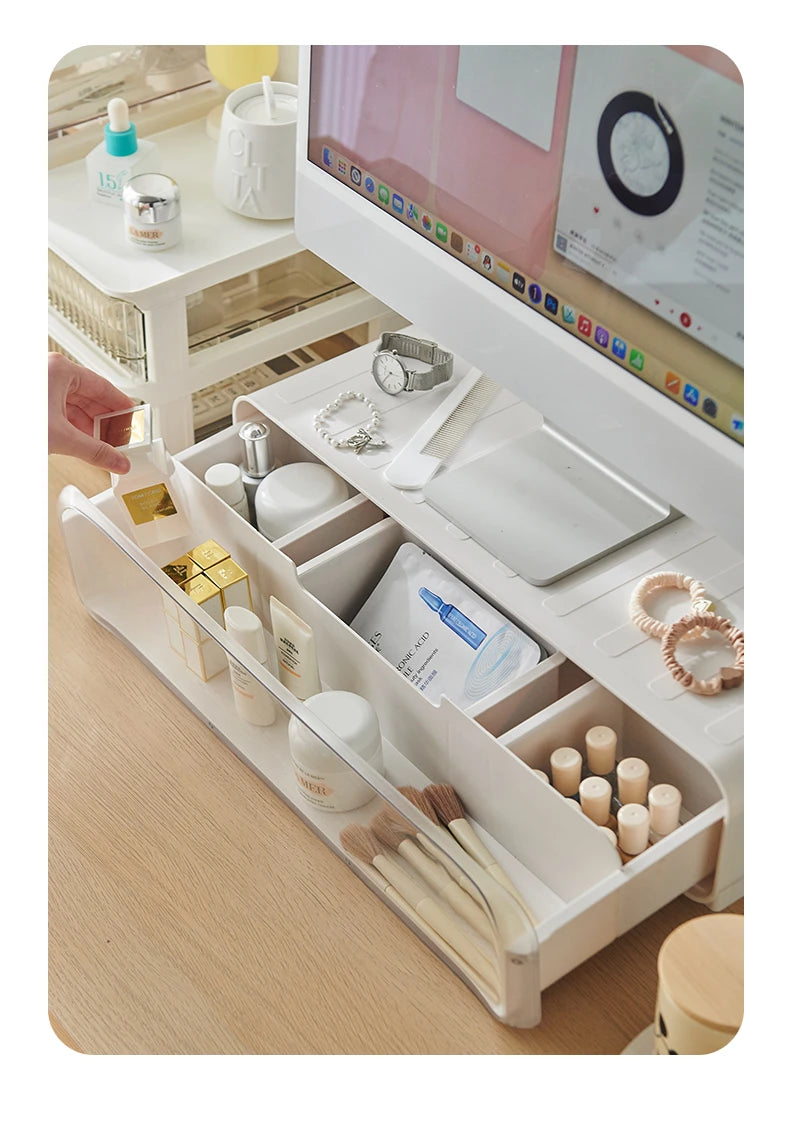 Modern monitor stand with built-in storage, LED lighting, and sleek design for desk organization