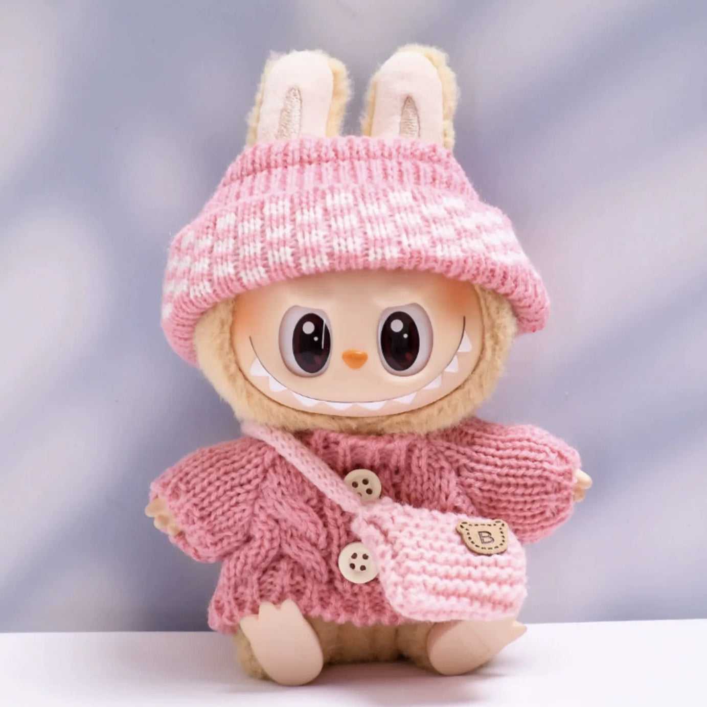 Pink button sweater with pink dotted wool hat and pink crossbody bag for Labubu v2 (POP MART THE MONSTERS Have a Seat Series Vinyl Plush Toys)