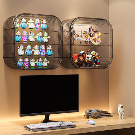 A stylish gray-toned FigPalace display box, showcasing astronaut figurines across three neat tiers, offering a modern and dust-proof solution for collectors.