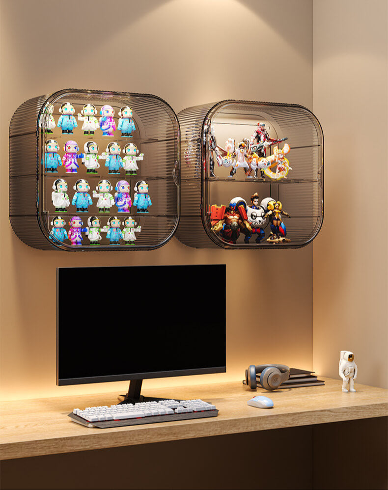 A stylish gray-toned FigPalace display box, showcasing astronaut figurines across three neat tiers, offering a modern and dust-proof solution for collectors.
