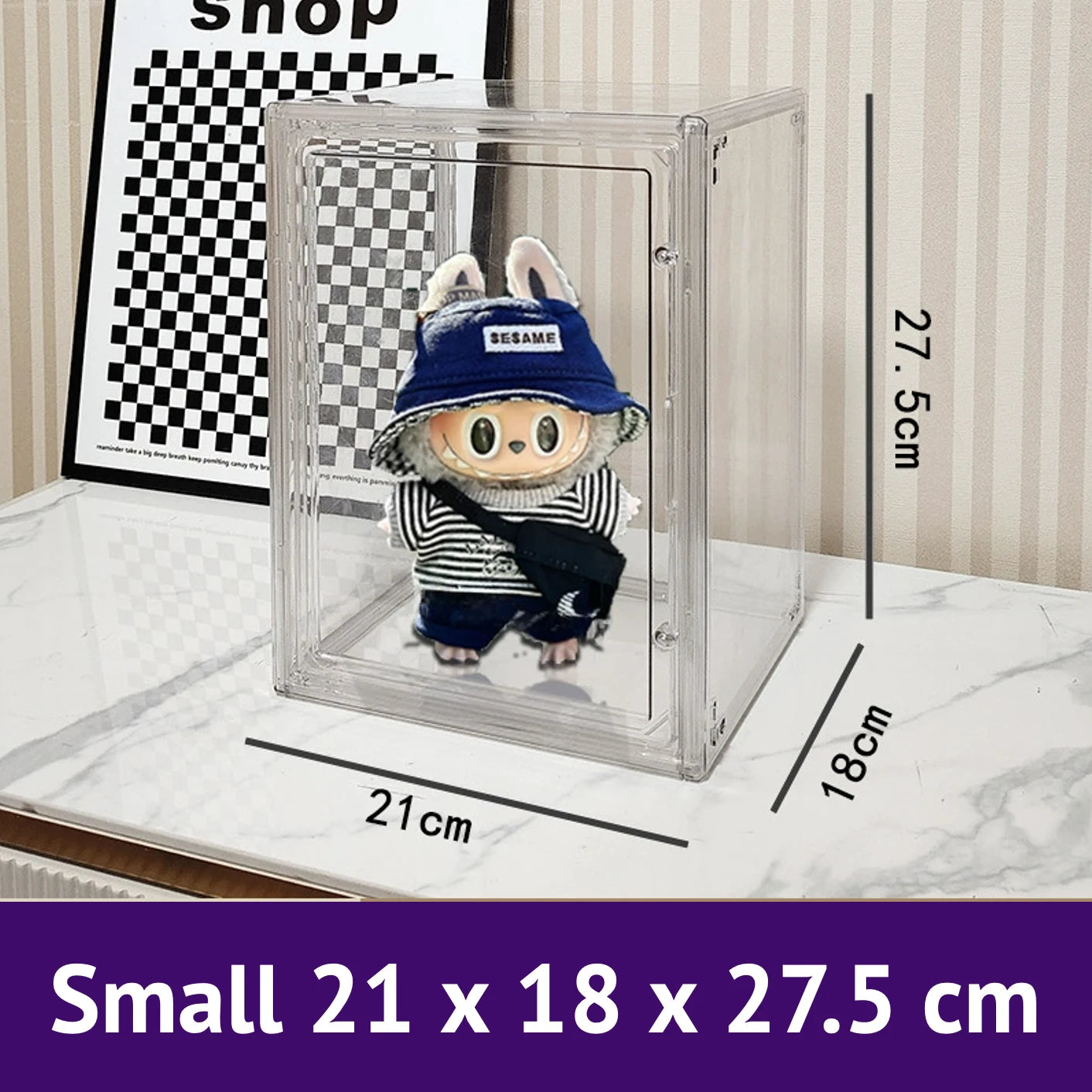 An image of a small Clear Display Shelf with labubu inside, with a size of 21 x 18 x 27.5 cm, by FigPalace.