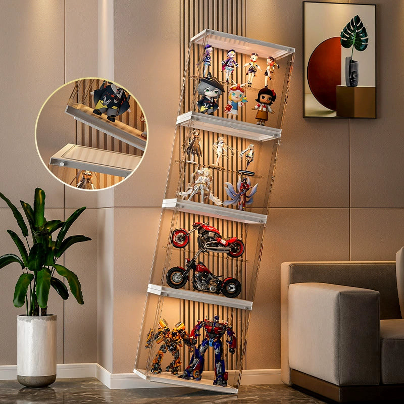 Display shelf with stackable design.