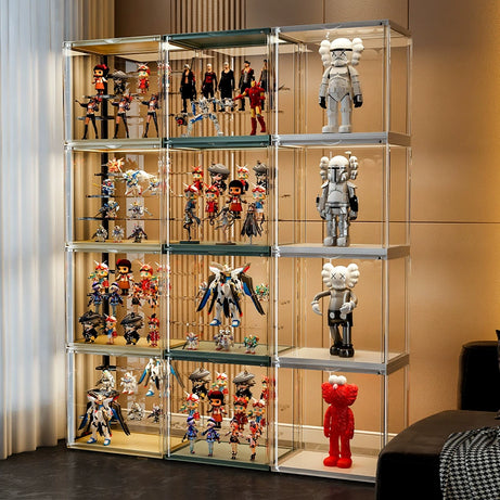 Twelve display shelves stacked together with different figurines placed inside.
