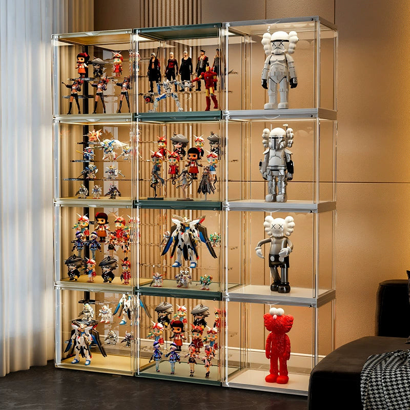 Twelve display shelves stacked together with different figurines placed inside.