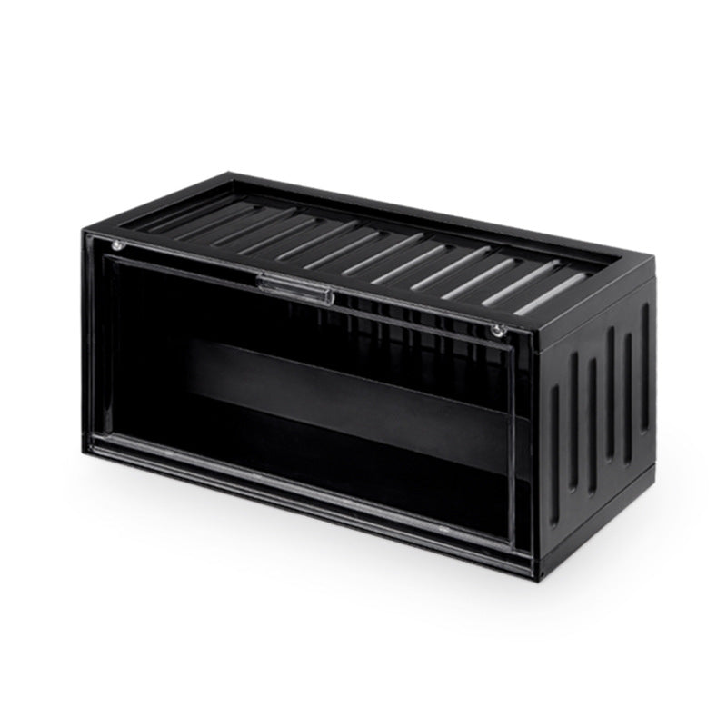 A single black rectangular acrylic display box with a transparent front panel, designed to store and display small collectible figurines. The box is empty, highlighting its spacious interior. 