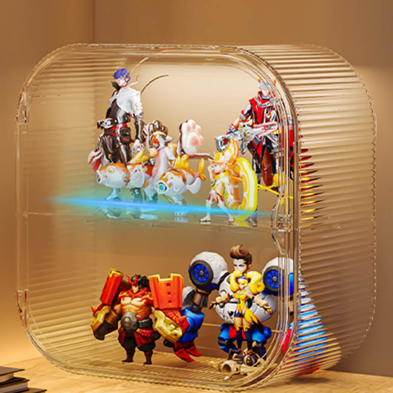 A warm amber-toned FigPalace display box with two tiers (Double Layer), showcasing vibrant collectibles in a luxurious and modern storage solution.