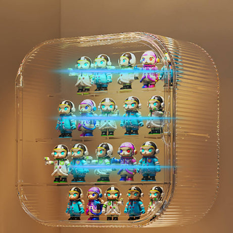 An elegant amber FigPalace display box with three tiers (Triple Layer), featuring a collection of figurines in a premium and dust-proof environment.