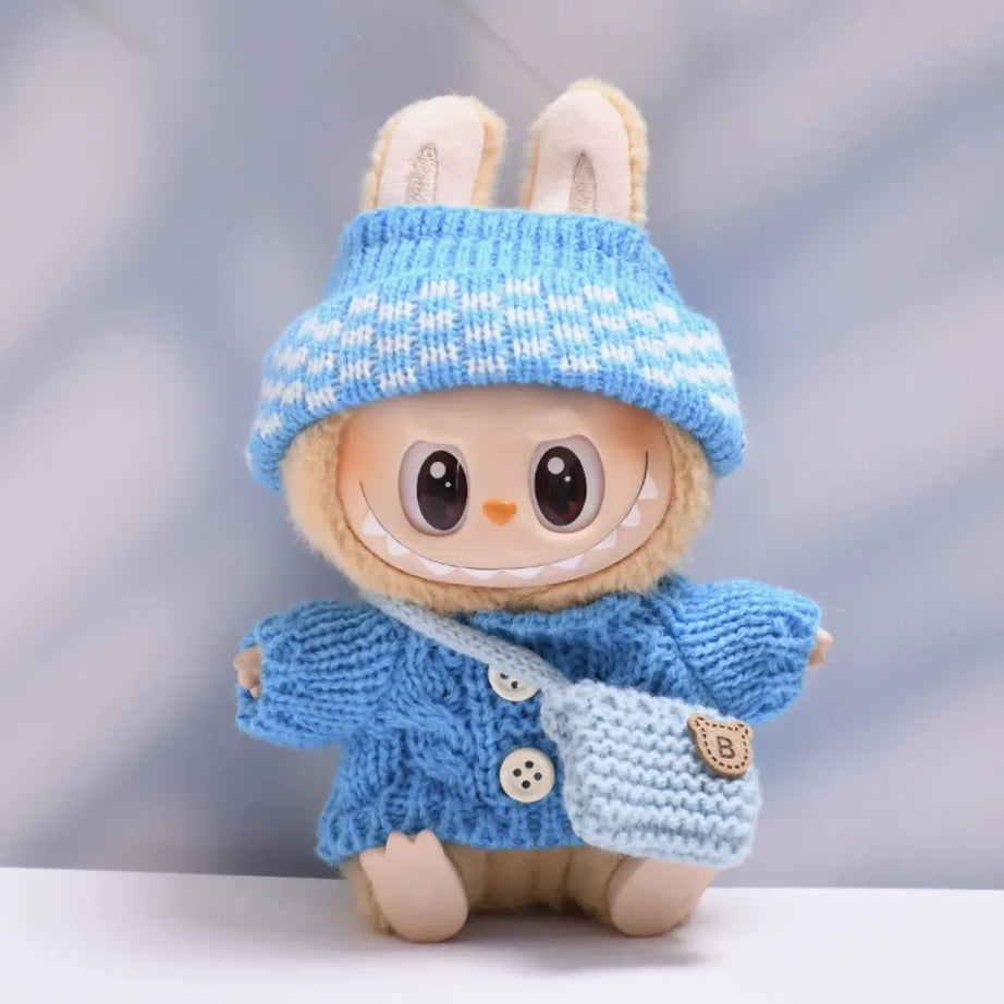 Blue button sweater with blue dotted wool hat and blue crossbody bag for Labubu v2 (POP MART THE MONSTERS Have a Seat Series Vinyl Plush Toys)