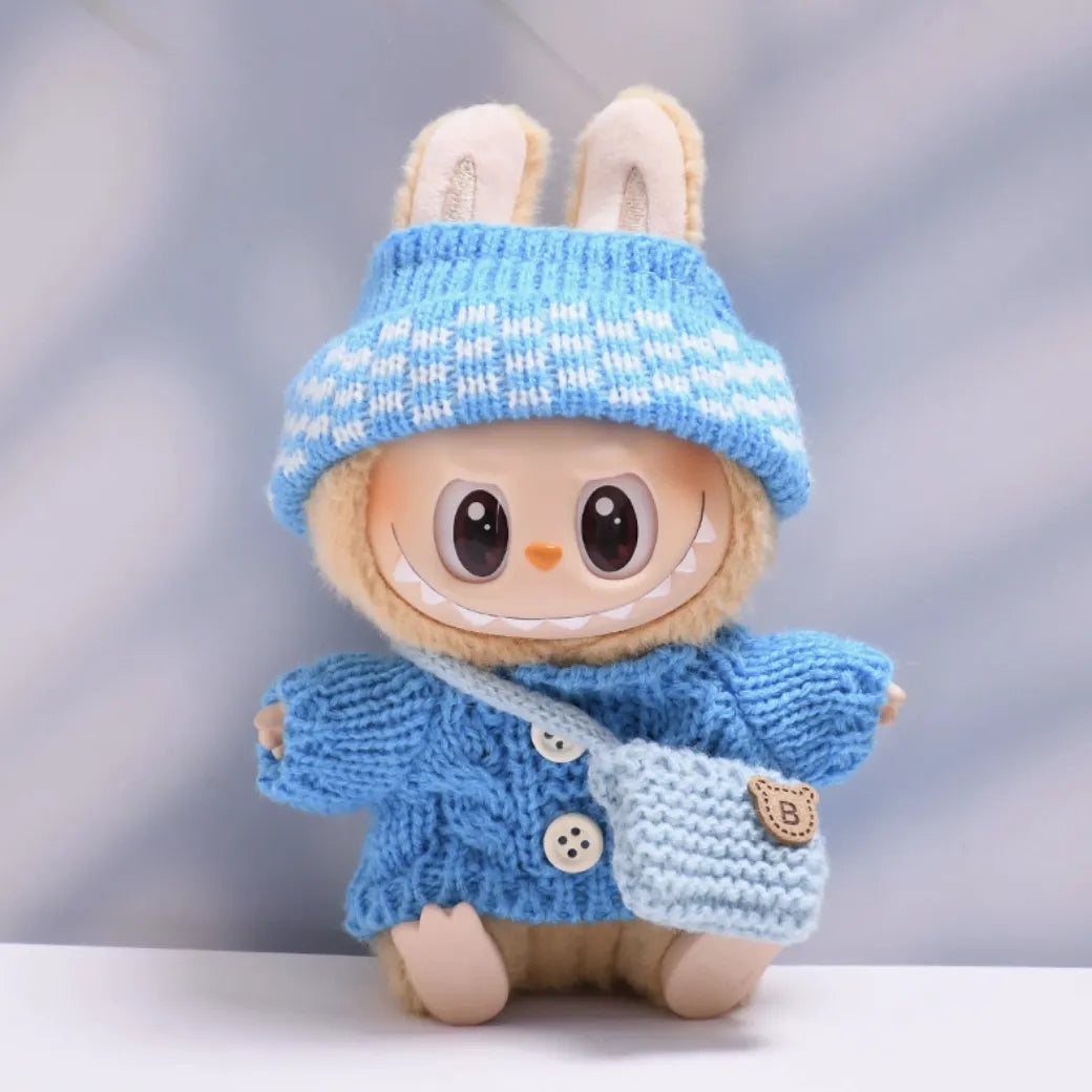 Blue button sweater with blue dotted wool hat and blue crossbody bag for Labubu v2 (POP MART THE MONSTERS Have a Seat Series Vinyl Plush Toys)