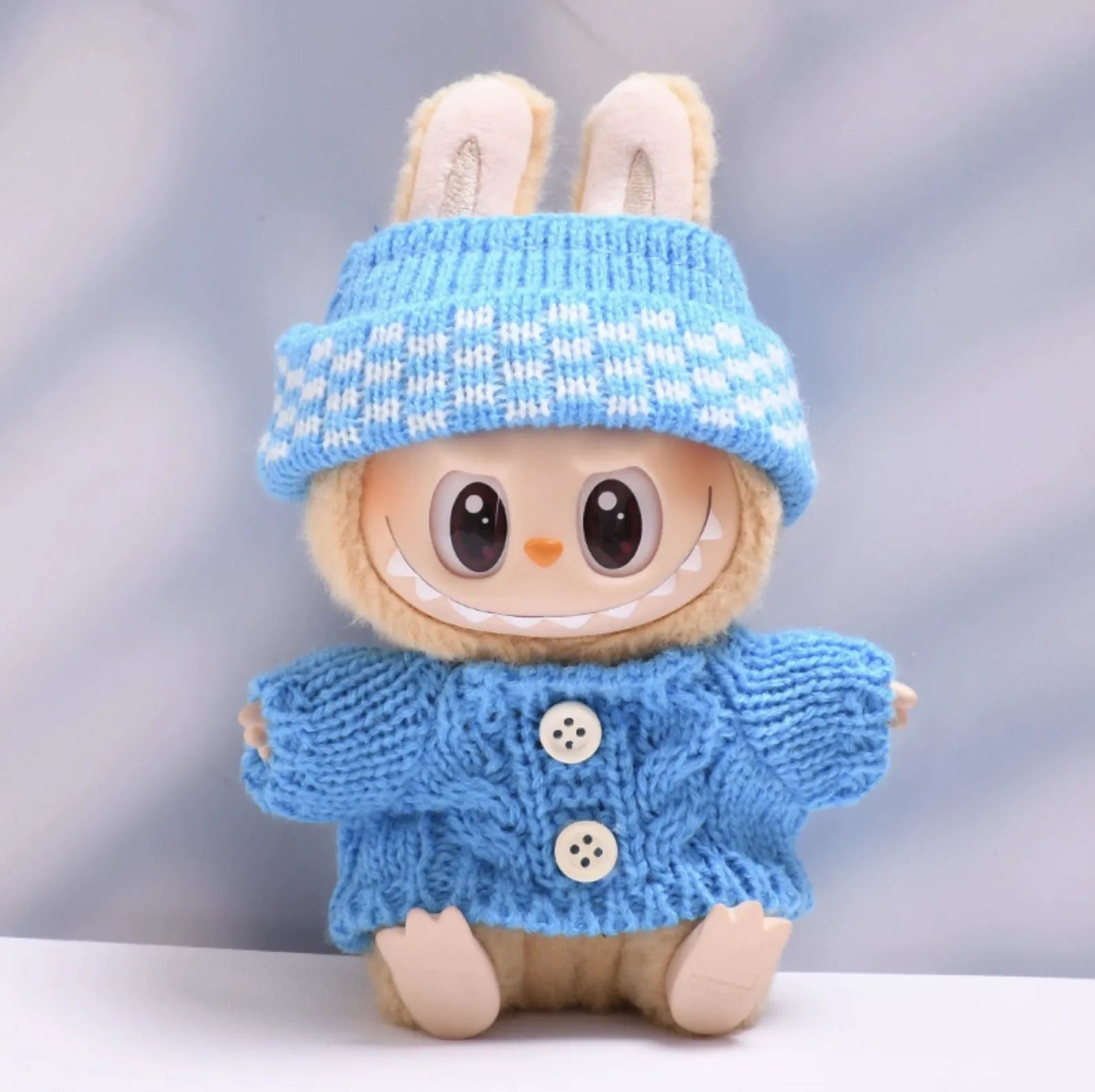 Blue button sweater with blue dotted wool hat for Labubu v2 (POP MART THE MONSTERS Have a Seat Series Vinyl Plush Toys)