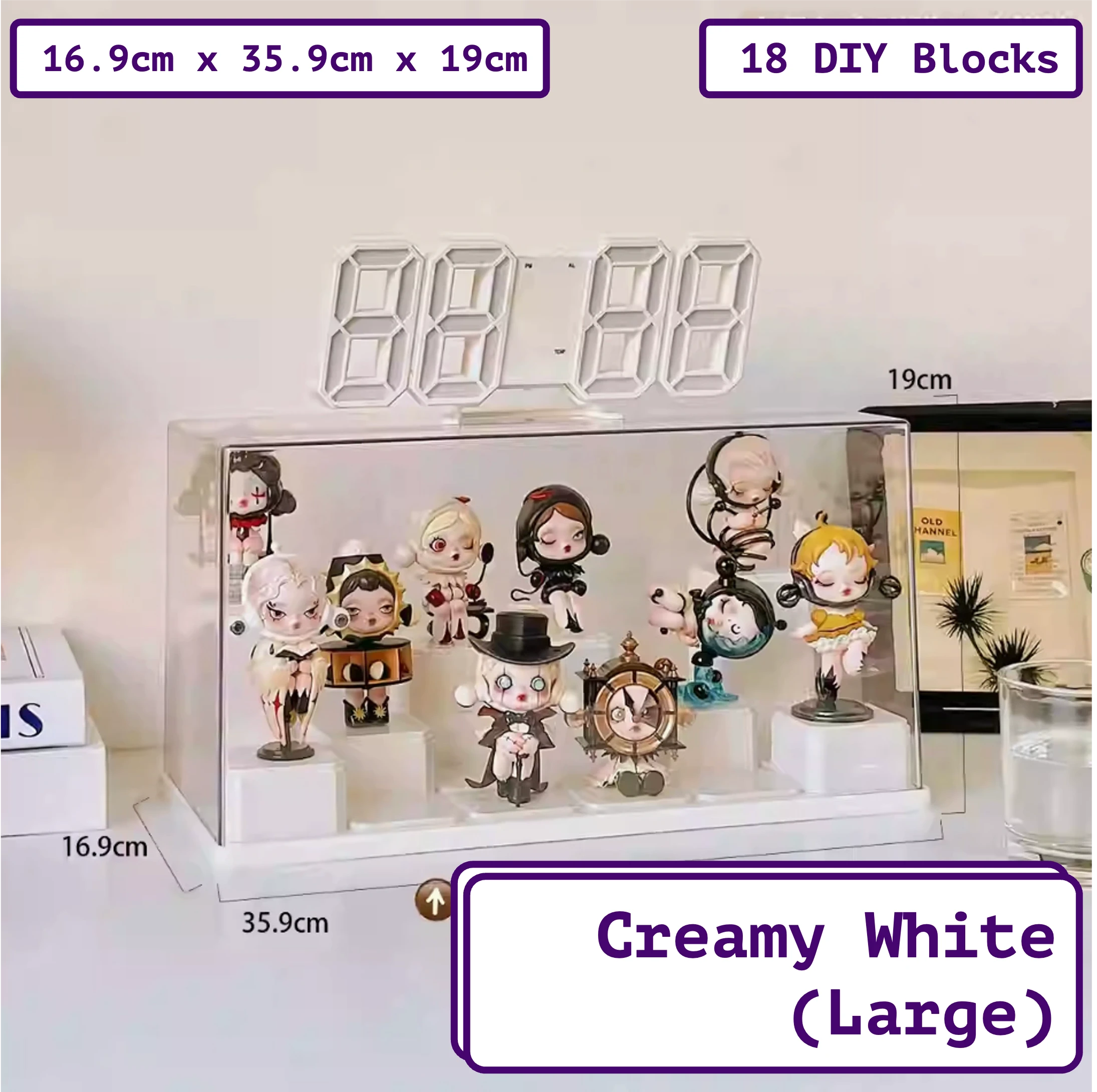 FigPalace premium acrylic transparent display case with 18 DIY blocks, perfect as a custom display case for small figurines. This large toy display box in 'Creamy White' color showcases artistic characters. Dimensions: 16.9cm x 35.9cm x 19cm.