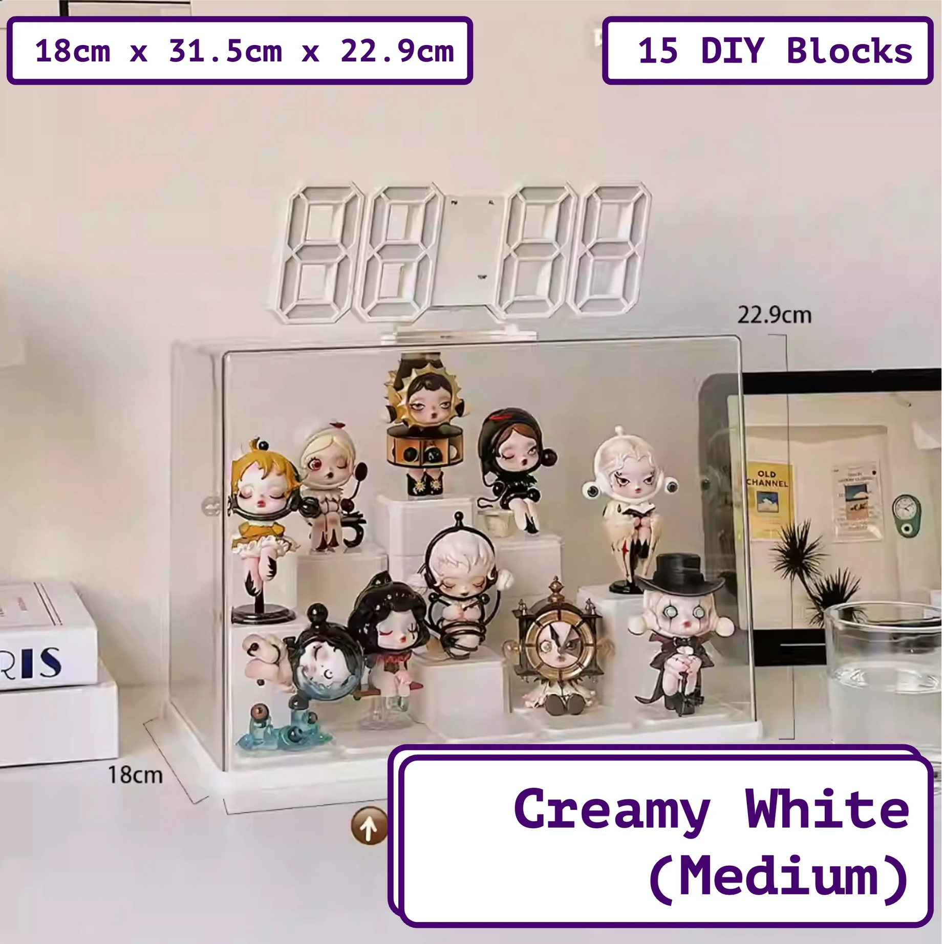 FigPalace premium acrylic transparent display box with 15 DIY blocks, ideal for a custom display stand for collectibles. This medium toy display case in 'Creamy White' features artistic characters. Dimensions: 18cm x 31.5cm x 22.9cm.