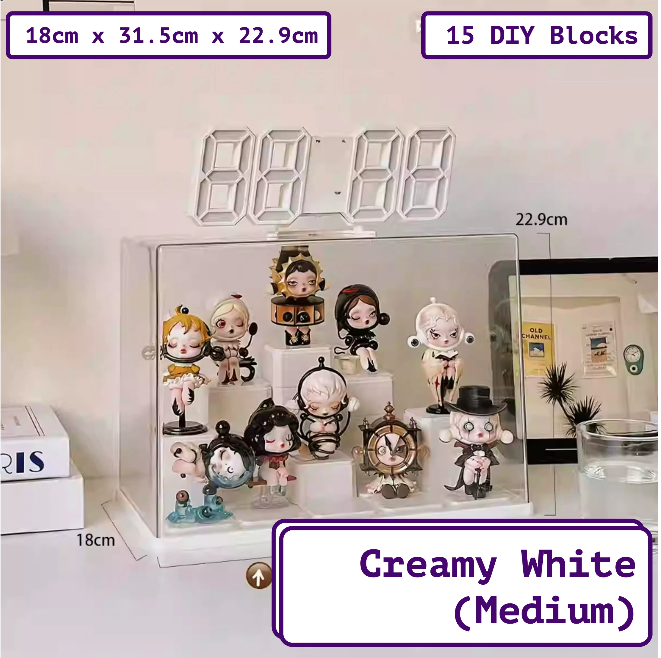 FigPalace premium acrylic transparent display box with 15 DIY blocks, ideal for a custom display stand for collectibles. This medium toy display case in 'Creamy White' features artistic characters. Dimensions: 18cm x 31.5cm x 22.9cm.