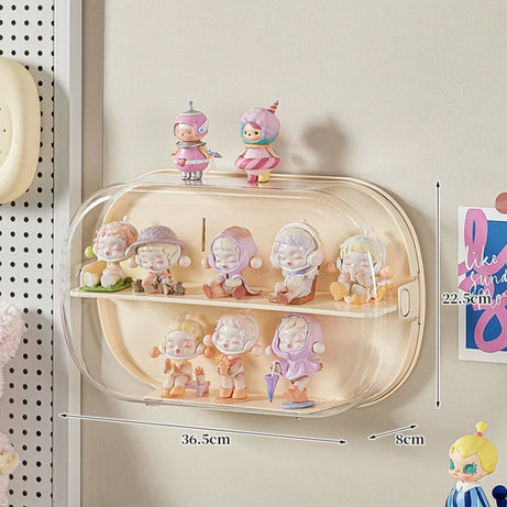 Creamy White two-layer display case with clear acrylic design and magnetic flip cover. Ideal for showcasing Pop Mart Skullpanda The Warmth Series figurines using a custom tiered stand.