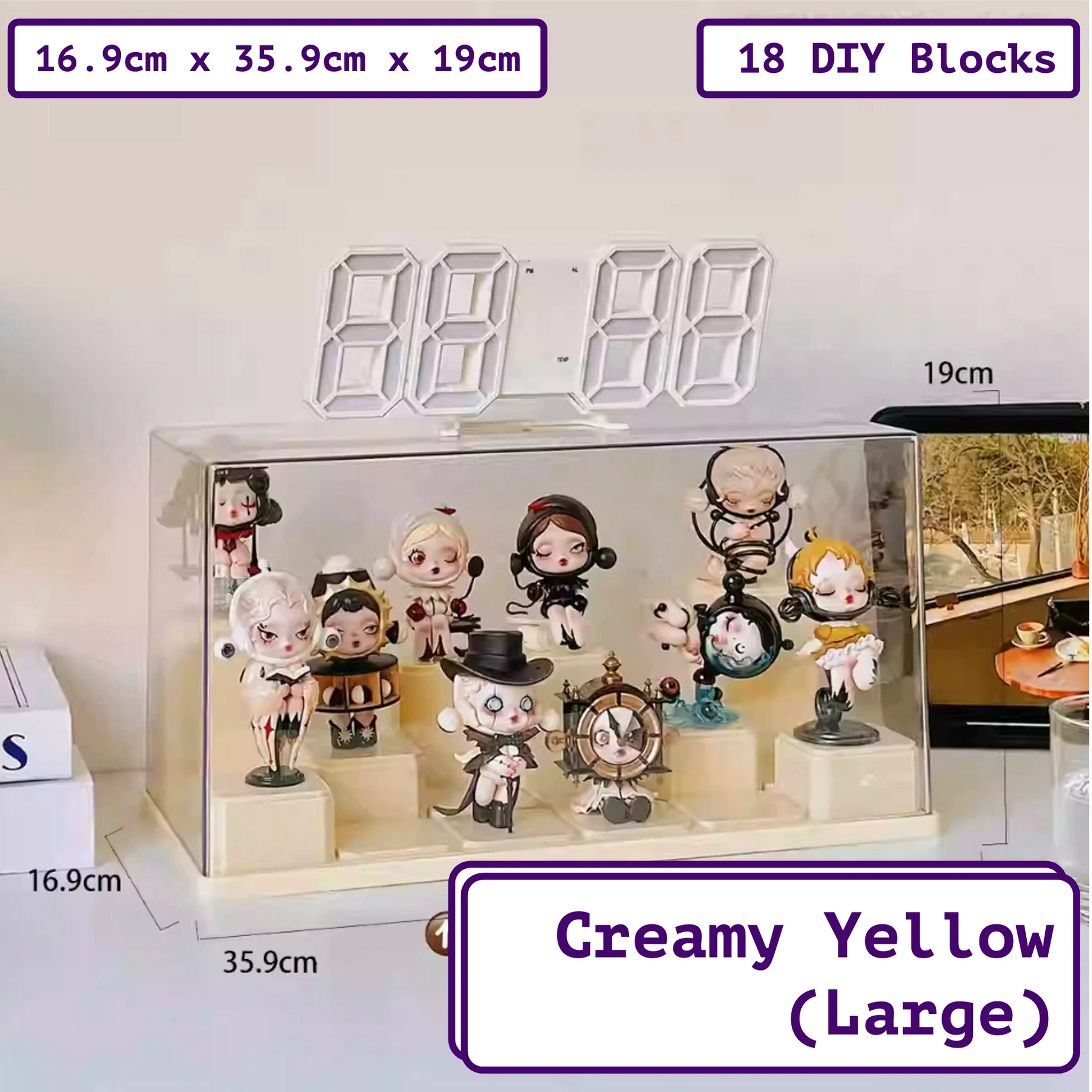 FigPalace premium acrylic transparent display case with 18 DIY blocks, designed as a custom display case for collectibles. This large tiered display stand in 'Creamy Yellow' showcases artistic figures. Dimensions: 16.9cm x 35.9cm x 19cm.