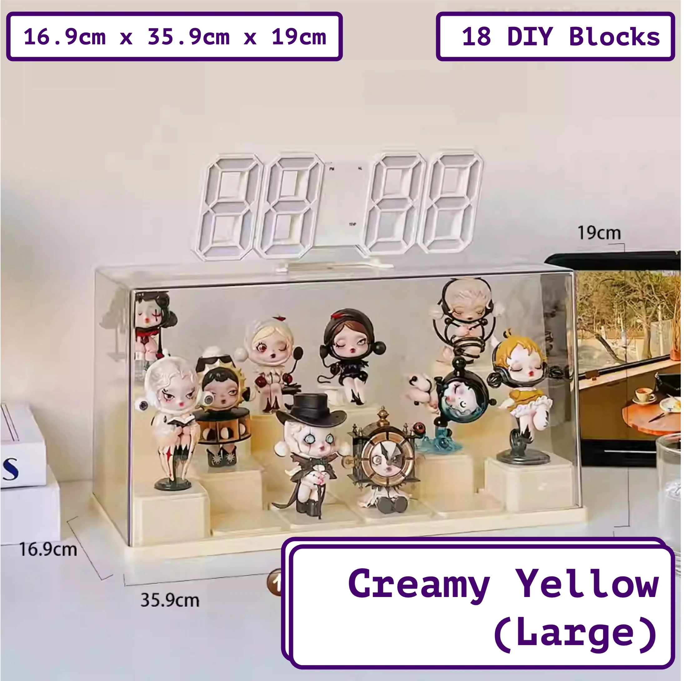 FigPalace premium acrylic transparent display case with 18 DIY blocks, designed as a custom display case for collectibles. This large tiered display stand in 'Creamy Yellow' showcases artistic figures. Dimensions: 16.9cm x 35.9cm x 19cm.
