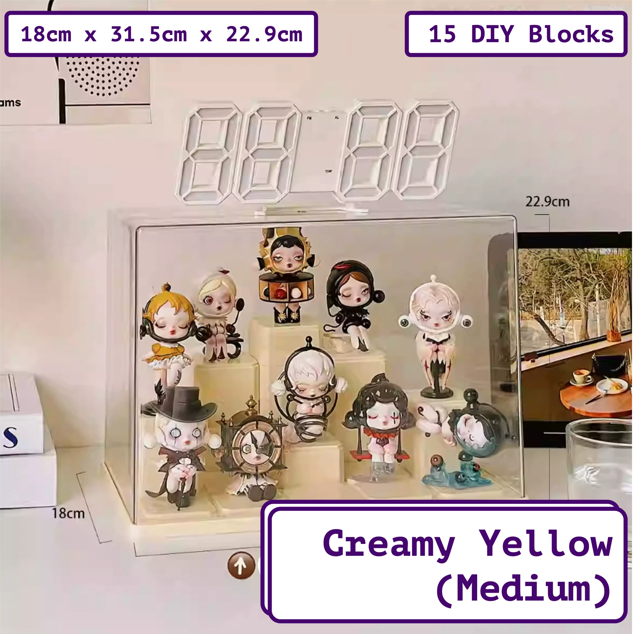FigPalace premium acrylic transparent display case with 15 DIY blocks, perfect for a collectible display cabinet. This medium display box for collectibles in 'Creamy Yellow' features stylish characters. Dimensions: 18cm x 31.5cm x 22.9cm.