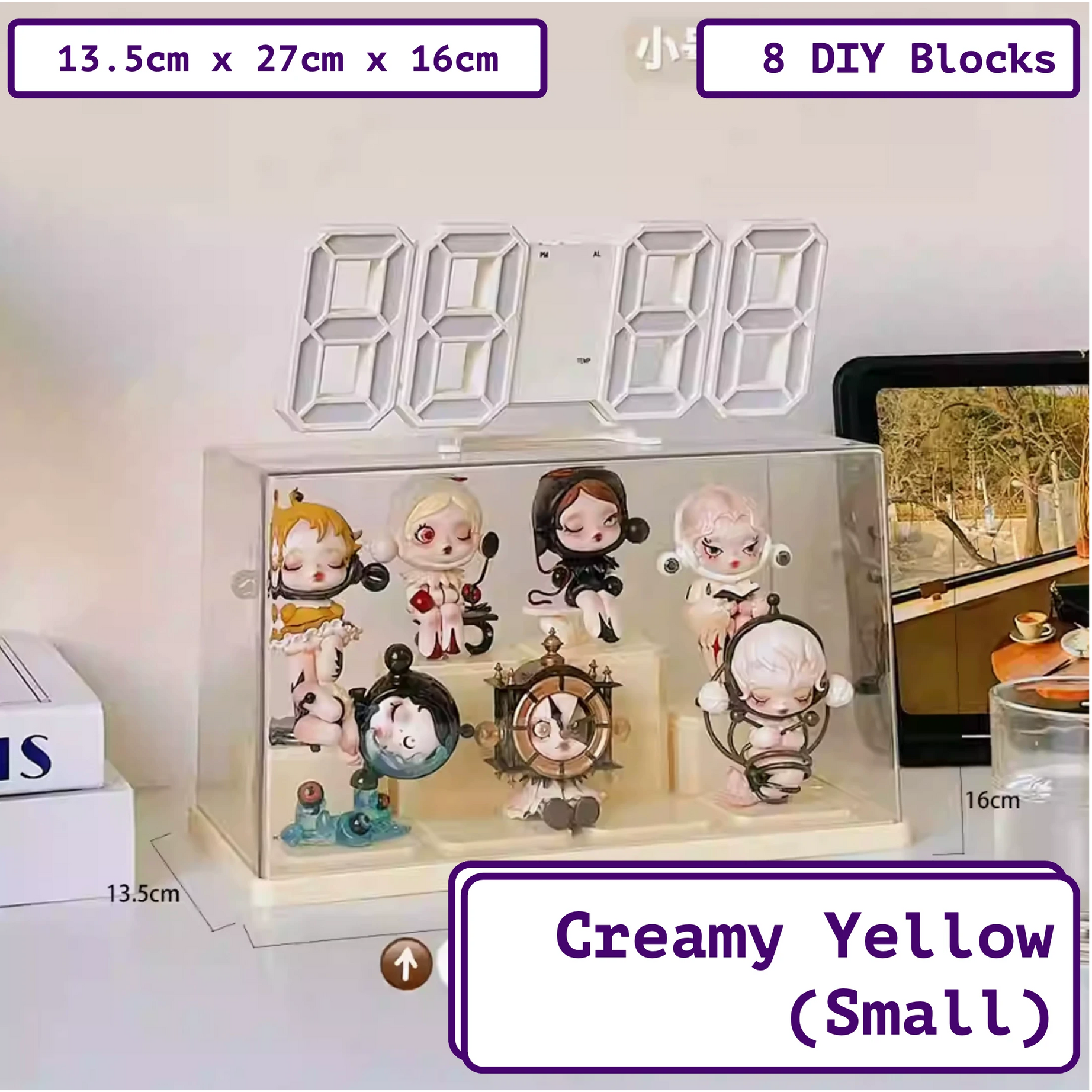 FigPalace premium acrylic transparent display box with 8 DIY blocks, perfect as a toy display case. This small display box for collectibles in 'Creamy Yellow' showcases charming figurines. Dimensions: 13.5cm x 27cm x 16cm.