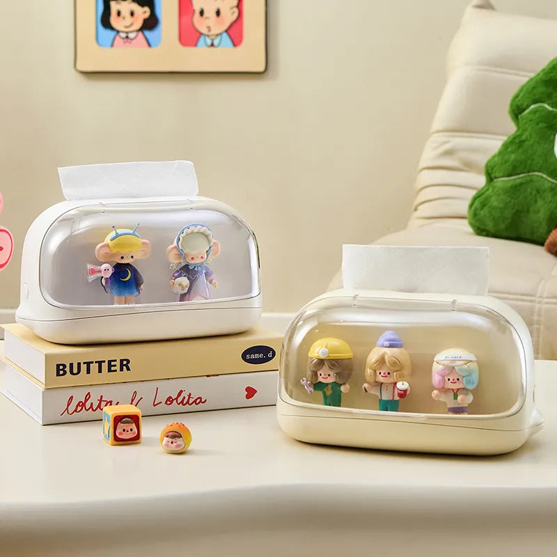 Cute tabletop tissue holder with POP MART-style figures.