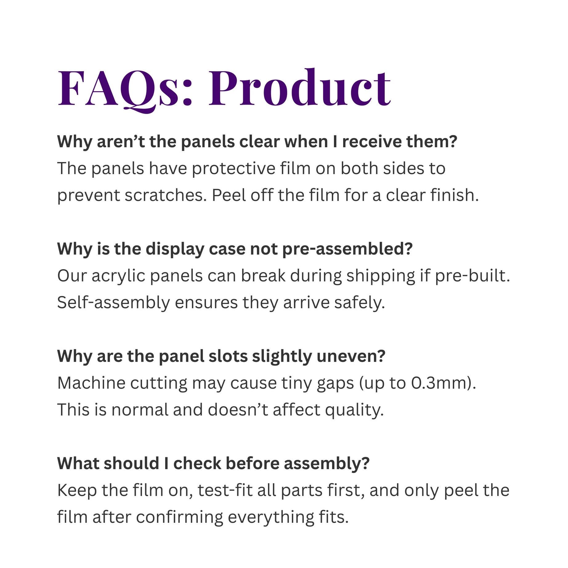 FAQ section explaining panel clarity, assembly, and slot tolerances for the Zimomo display case.