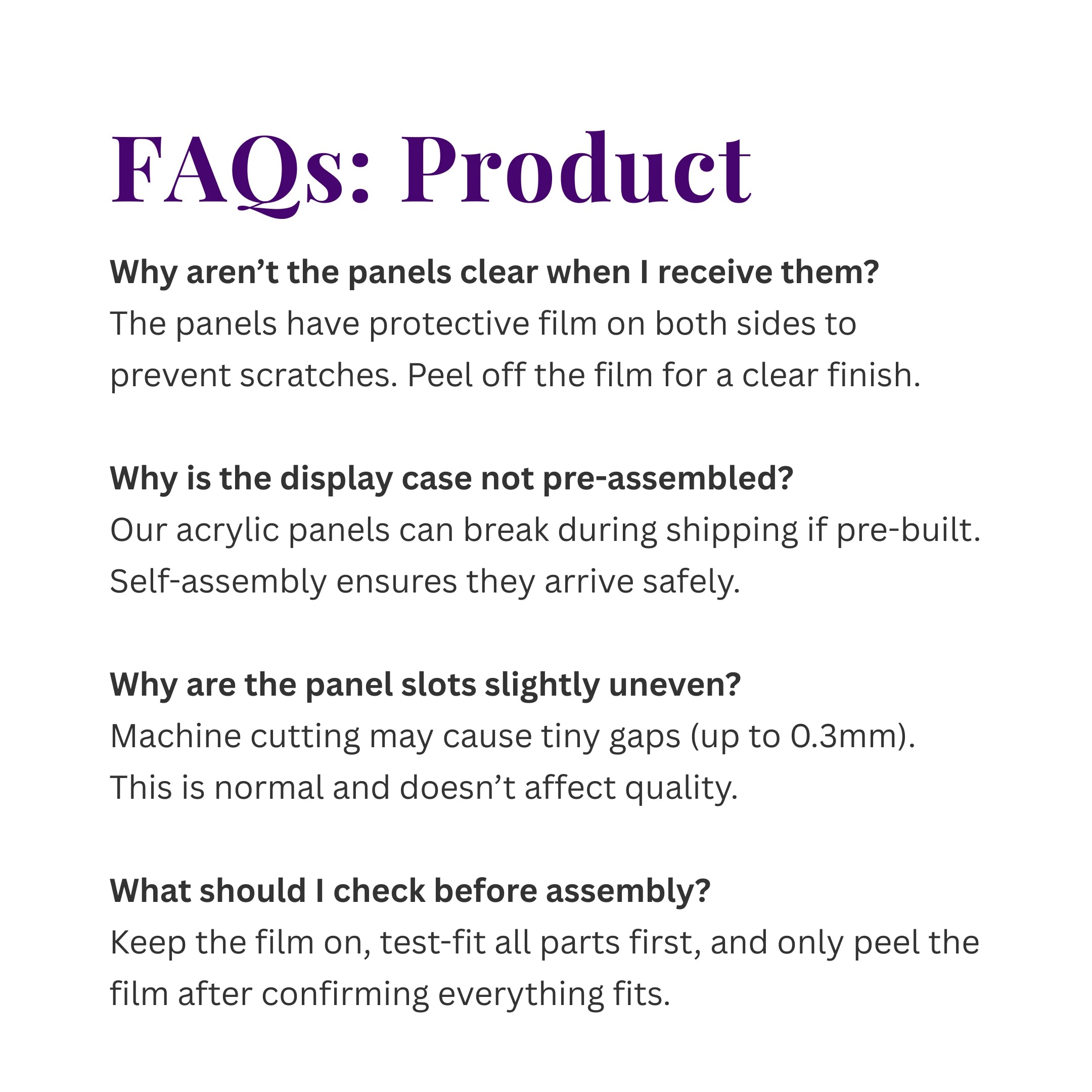 FAQ section explaining panel clarity, assembly, and slot tolerances for the Zimomo display case.