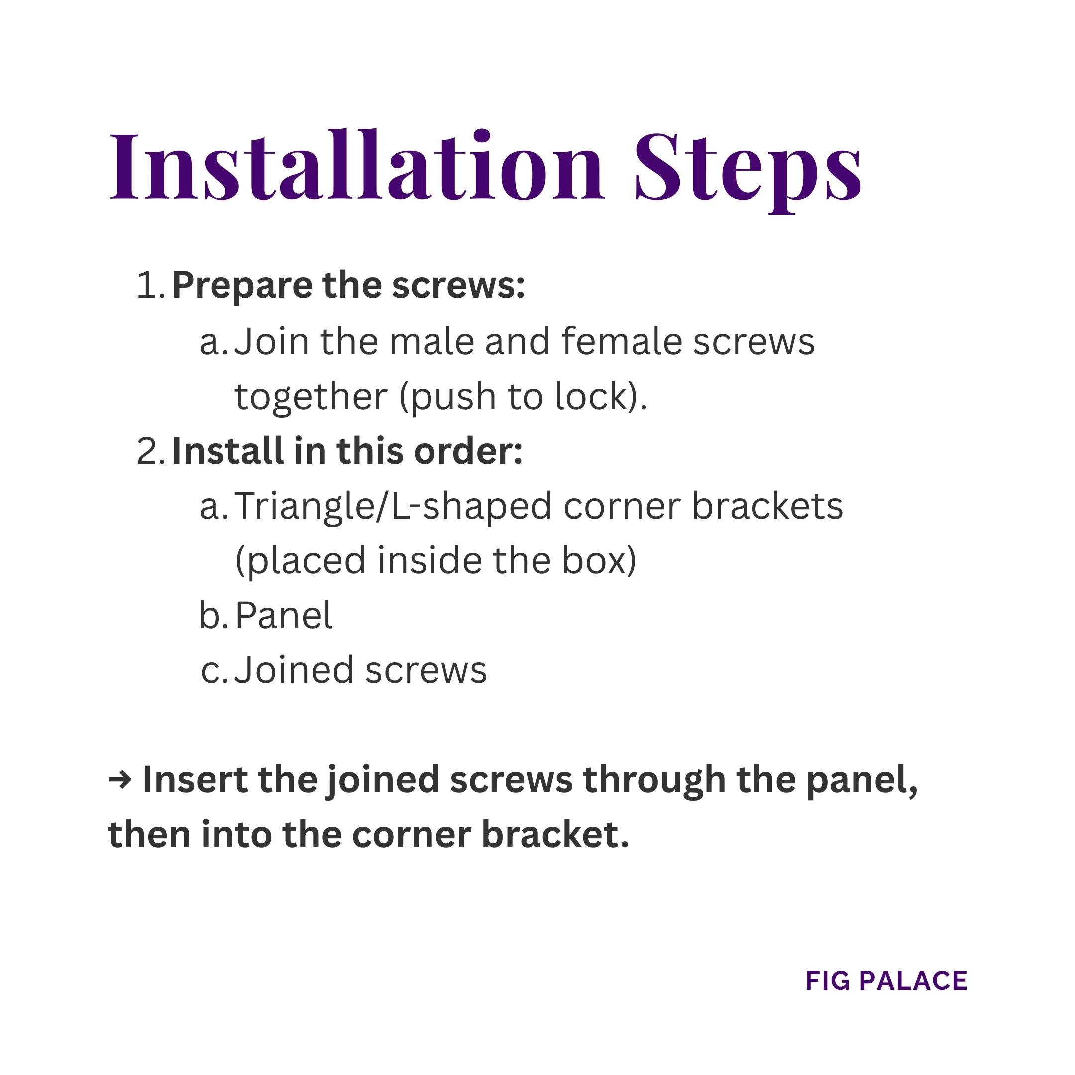 Step-by-step guide to assembling the Zimomo display case using interlocking screws and corner brackets.