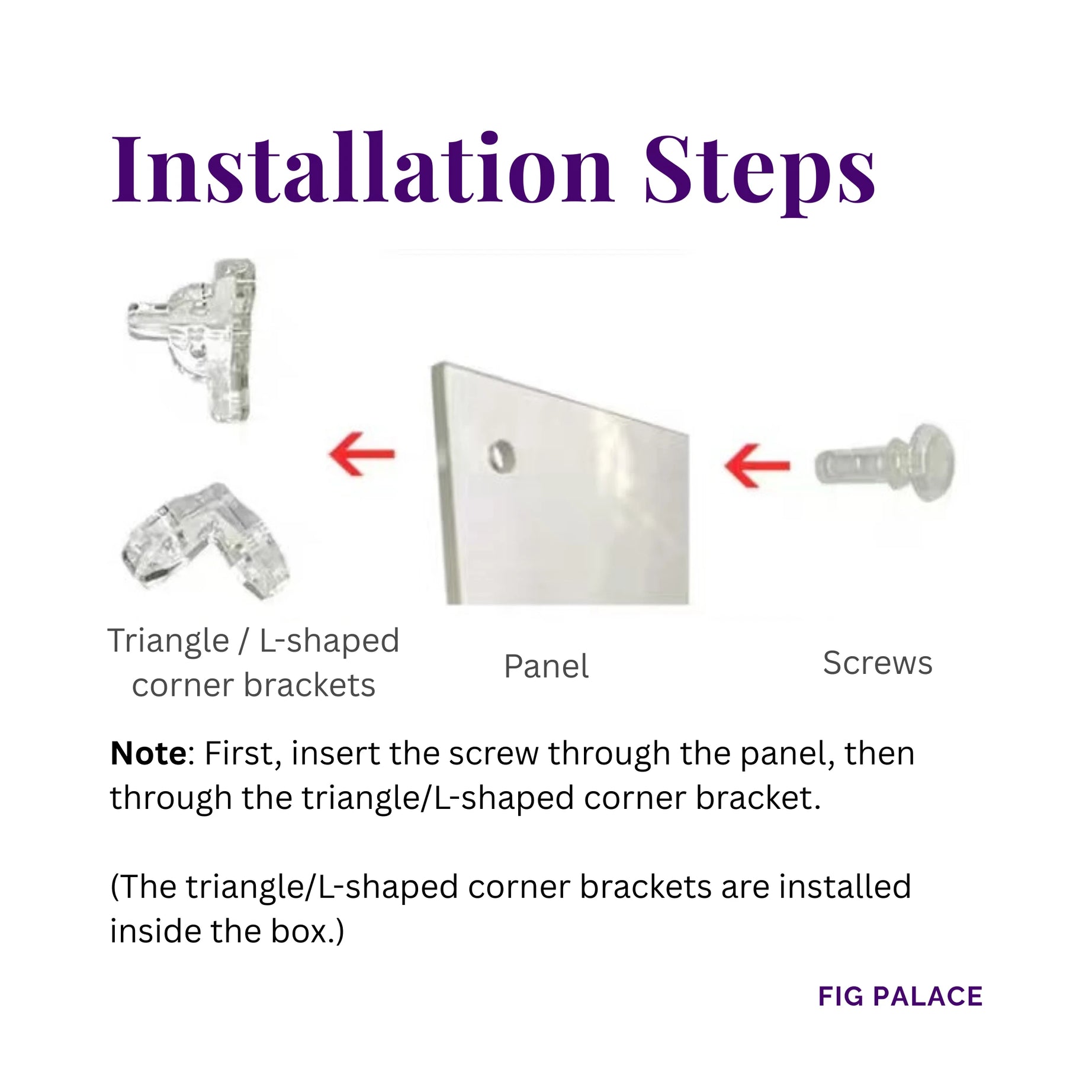 Visual instructions showing the installation order for the Zimomo display case panels and screws.