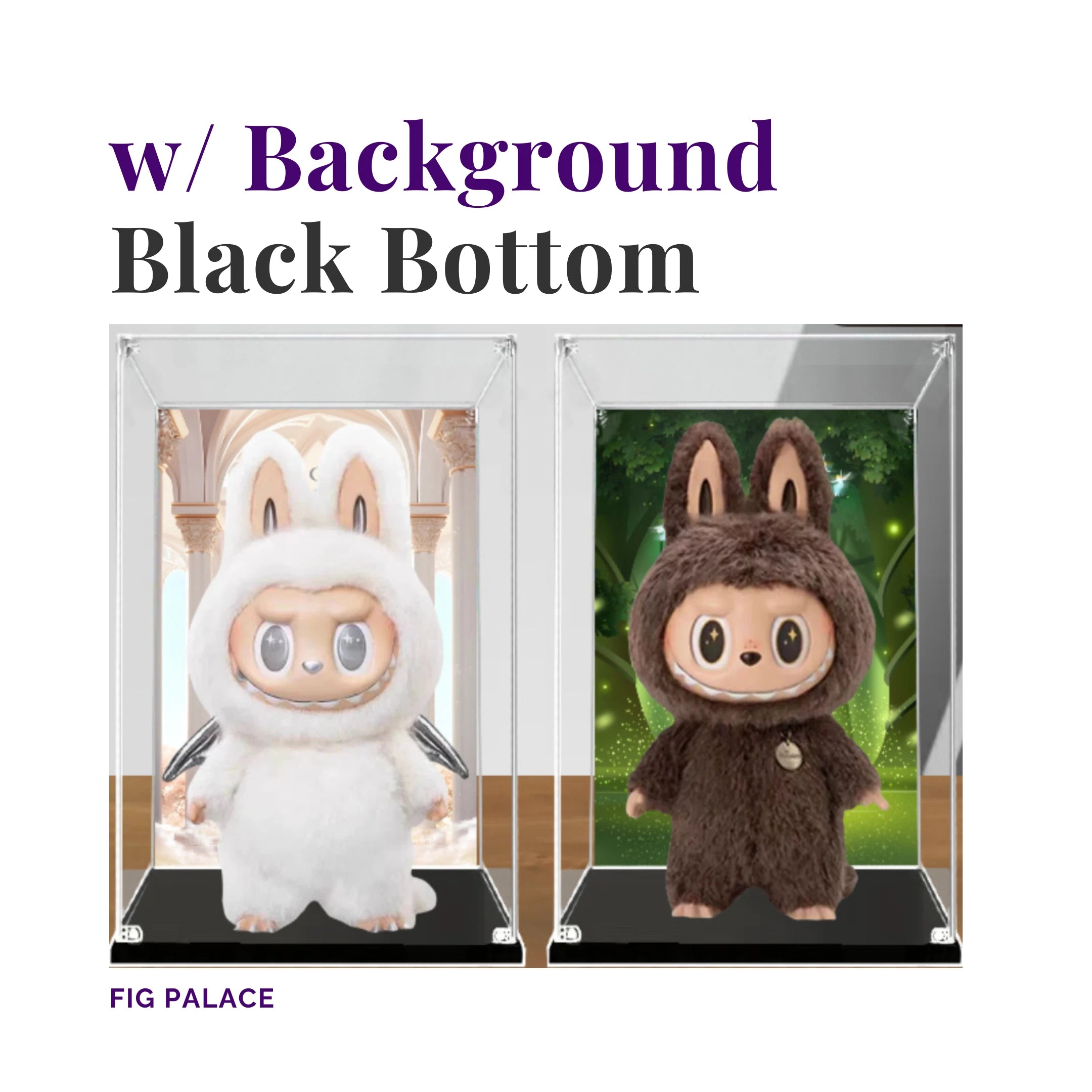 Zimomo display case with included background and black base.