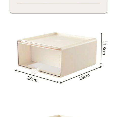Detailed size and material information of drawer style storage box made with PS and PET in cream color