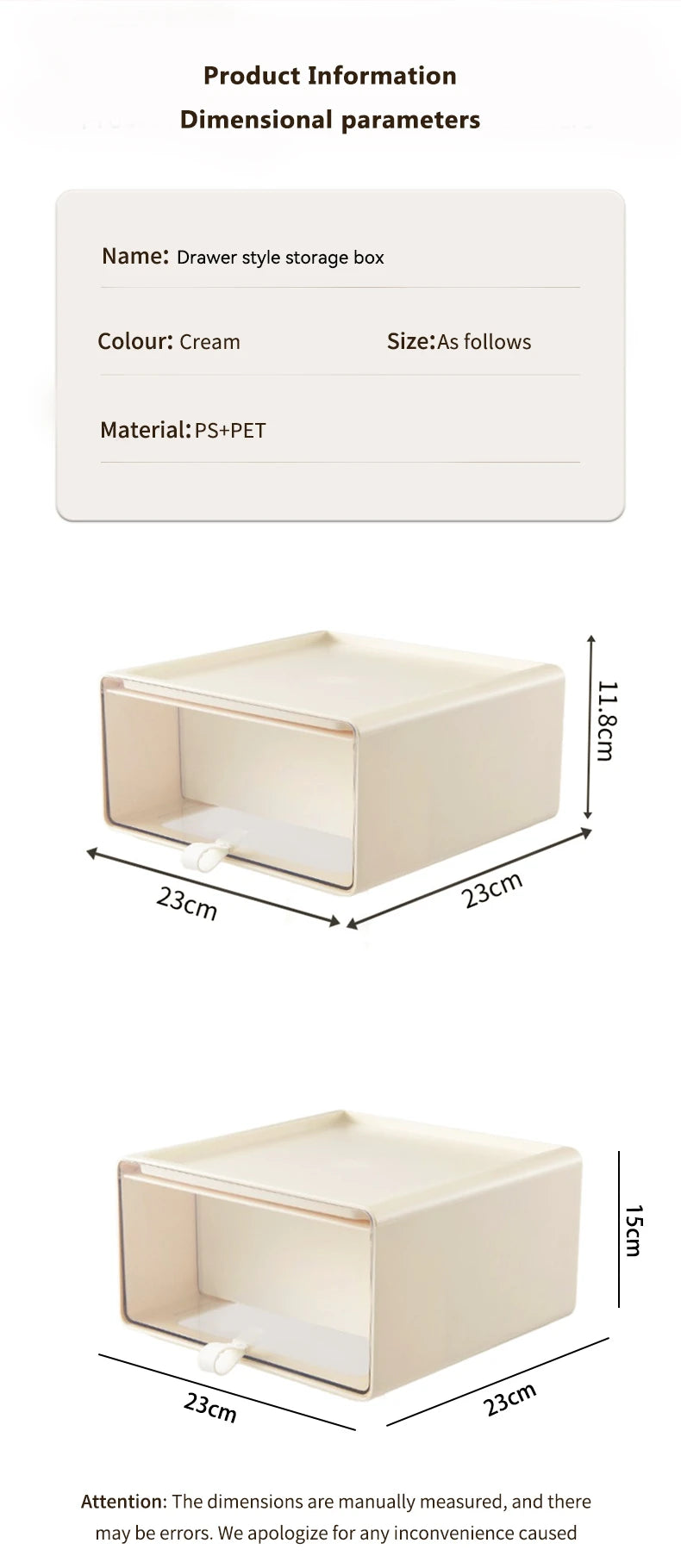 Detailed size and material information of drawer style storage box made with PS and PET in cream color