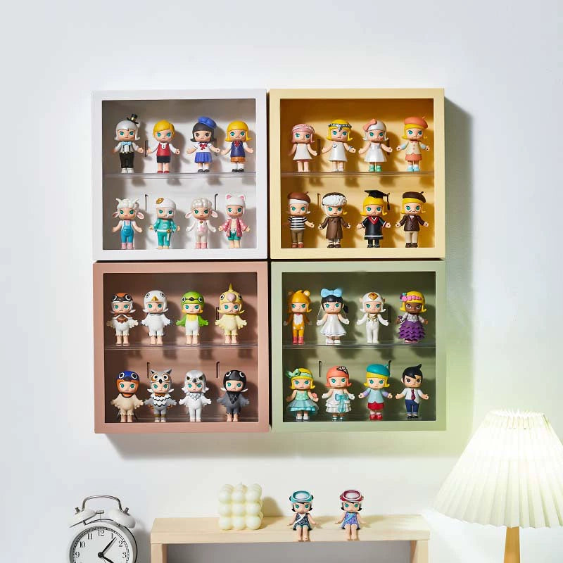 Four wall-mounted display shelves are on the wall with many pop mart figures. 