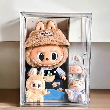 An image of FigPalace's Clear Display Shelf with four  Labubu Plush Toys inside.