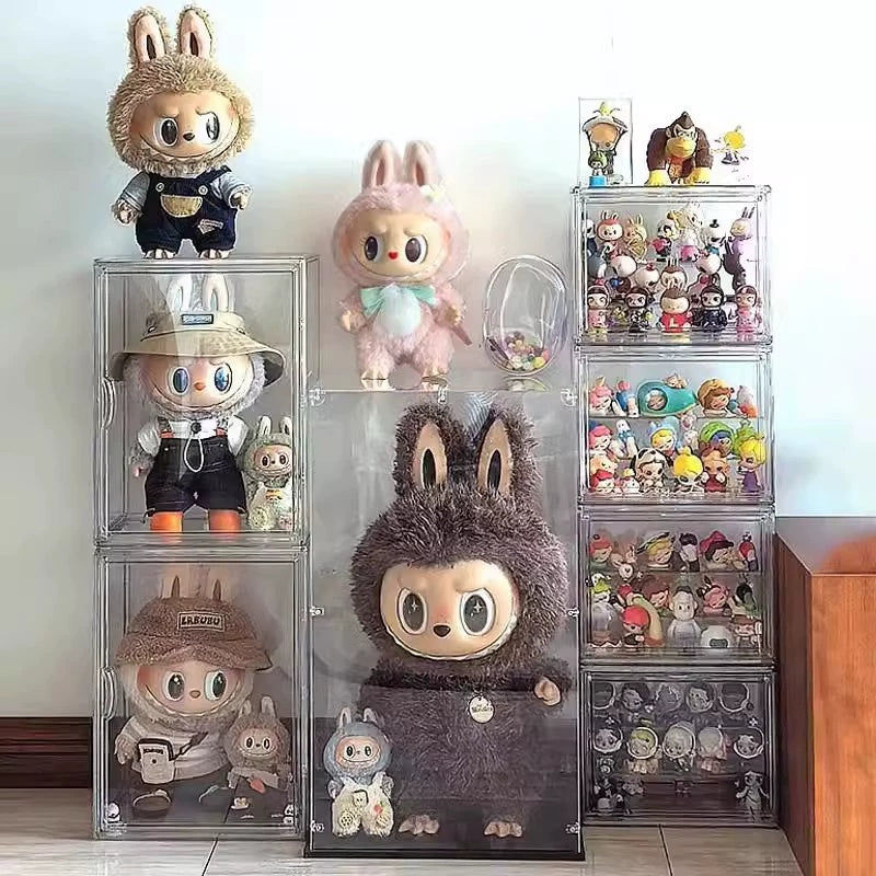 An image of many Clear Display containers with many Labubu Plush Toys inside 