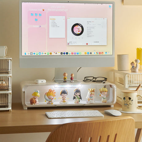 FigPalace riser creates a neat desk setup with hidden storage for collectibles and accessories.