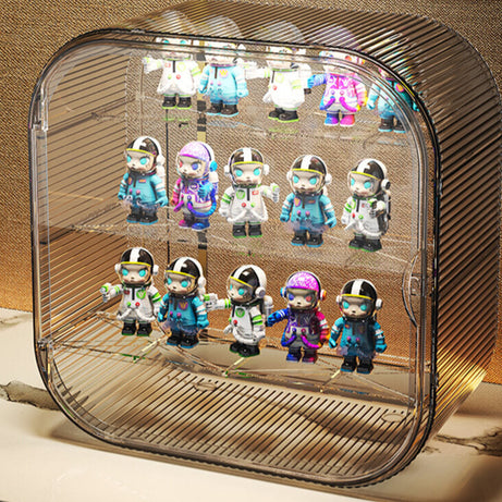 A gray FigPalace display box with three spacious tiers (Triple Layer), designed for modern interiors and displaying astronaut figurines in a dust-proof environment.