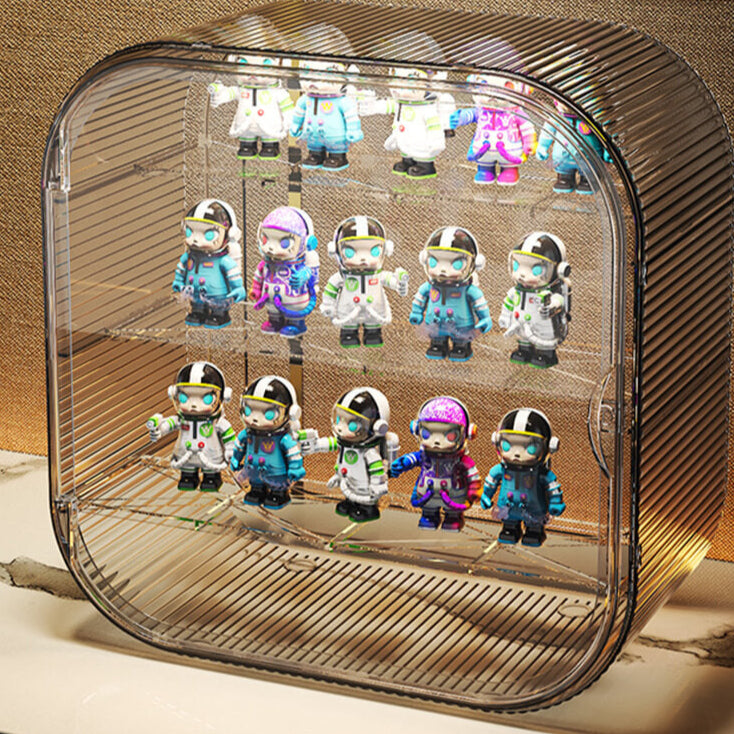 A gray FigPalace display box with three spacious tiers (Triple Layer), designed for modern interiors and displaying astronaut figurines in a dust-proof environment.