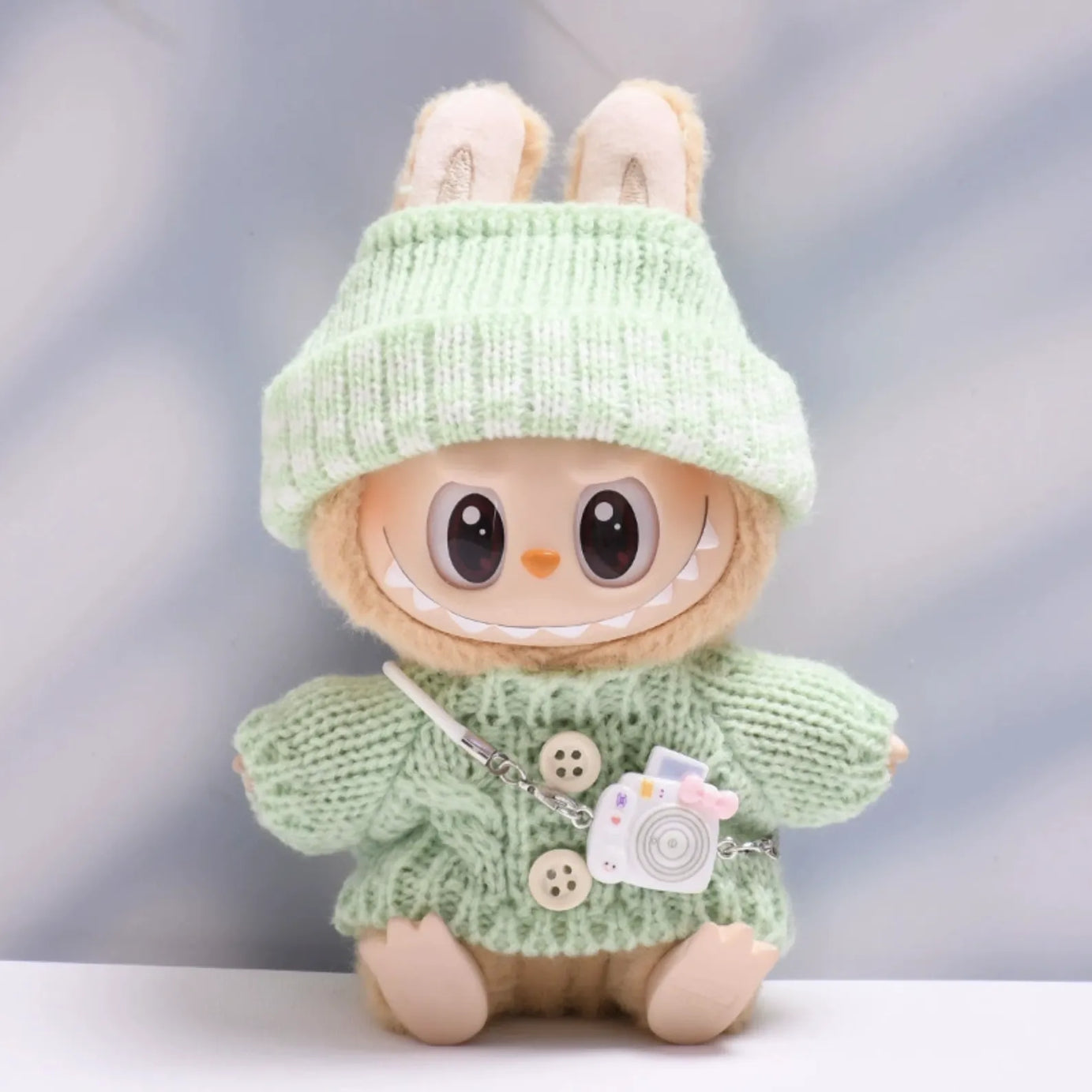 Green mint button sweater with green mint dotted wool hat and white camera for Labubu v2 (POP MART THE MONSTERS Have a Seat Series Vinyl Plush Toys)