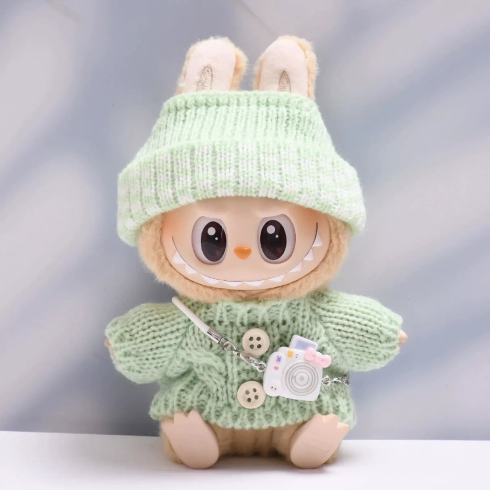 Green mint button sweater with green mint dotted wool hat and white camera for Labubu v2 (POP MART THE MONSTERS Have a Seat Series Vinyl Plush Toys)