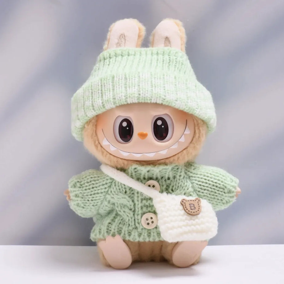 Green mint button sweater with green mint dotted wool hat and white crossbody bag for Labubu v2 (POP MART THE MONSTERS Have a Seat Series Vinyl Plush Toys)